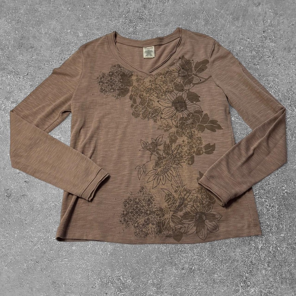 Ransom Brown Floral Long Sleeve Shirt Womens Large Y2K 90s V-Neck Slub Knit